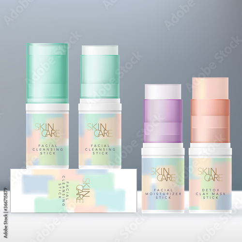 Vector Lip Balm, Face Cleanser or Beauty Clay Mask Stick Pastel Color Semi Transparent Tube Packaging. Pastel Abstract Paints Design.