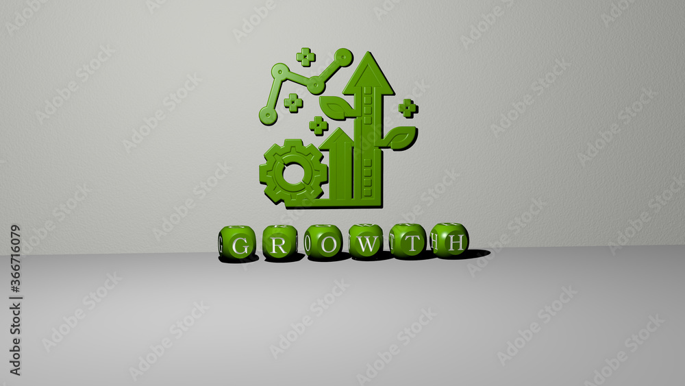 3D illustration of growth graphics and text made by metallic dice ...