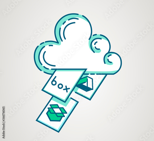 Cloud storage logo. File repository icon. Hosting service banner. Synchronize documents. Hand drawn design. Vector illustration.