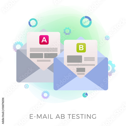 Email AB testing flat vector icon concept. Two promotional mails with a different web development UI interface. E-mail A-B split comparison test with positive feedback