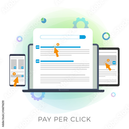 Pay Per Click (PPC) flat vector icon. Advertising Marketing Business Campaign illustration. Paid Media Concept with browser window, search results and contextual advertisements