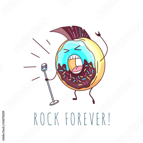 Kawaii funny donut rock singer. Sweet fast food vector illustration. Graphic print sign