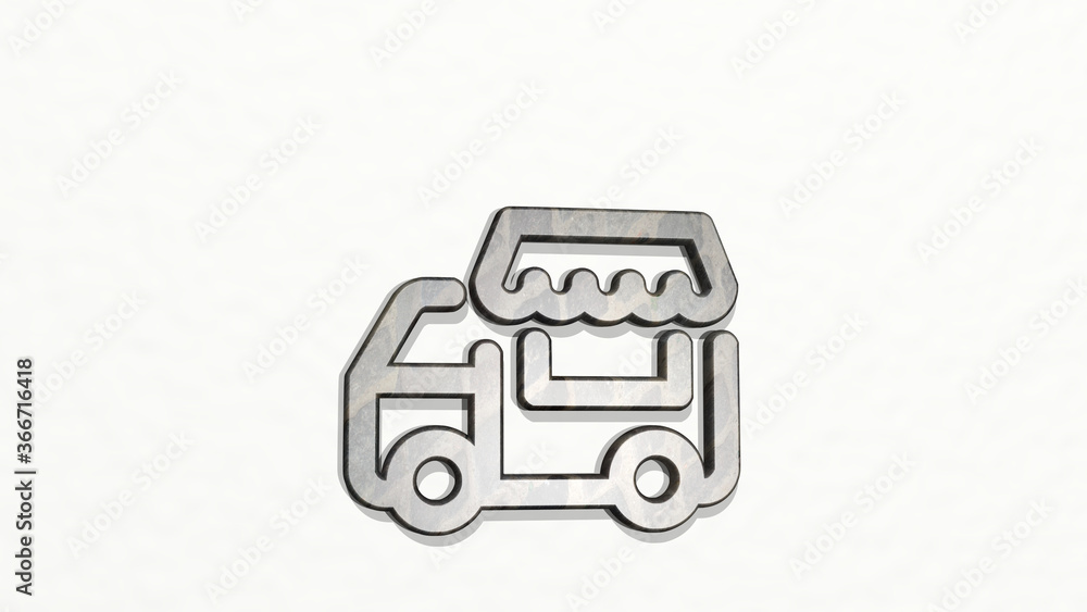 restaurant food truck made by 3D illustration of a shiny metallic sculpture on a wall with light background. cafe and design
