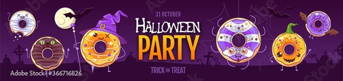 Halloween party poster with sweet kawaii funny donuts. Halloween background. Vector illustration