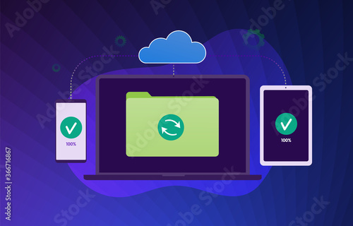 Cloud Data Backup Sync flat vector modern illustration. Cloud computing Storage Network Connected and synchronizing all devices, upload and download private and secure personal information and files