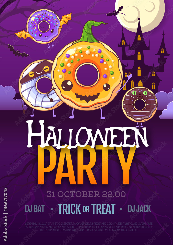 Halloween disco party poster with kawaii sweet donuts.