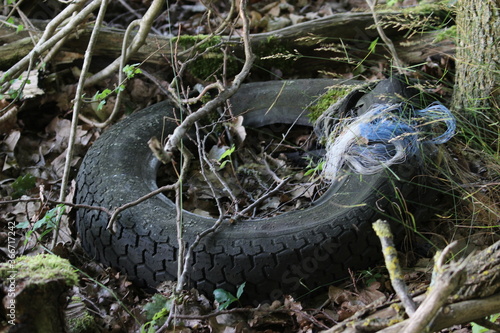 Müllentsorgung im Wald weggeworfene Flaschen Autoreifen Plastik Kunststoff