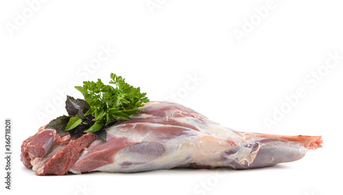 Raw leg of mutton on a bone on a white isolated background. Sheep meat close-up.A fresh piece of mutton. horizontal view.