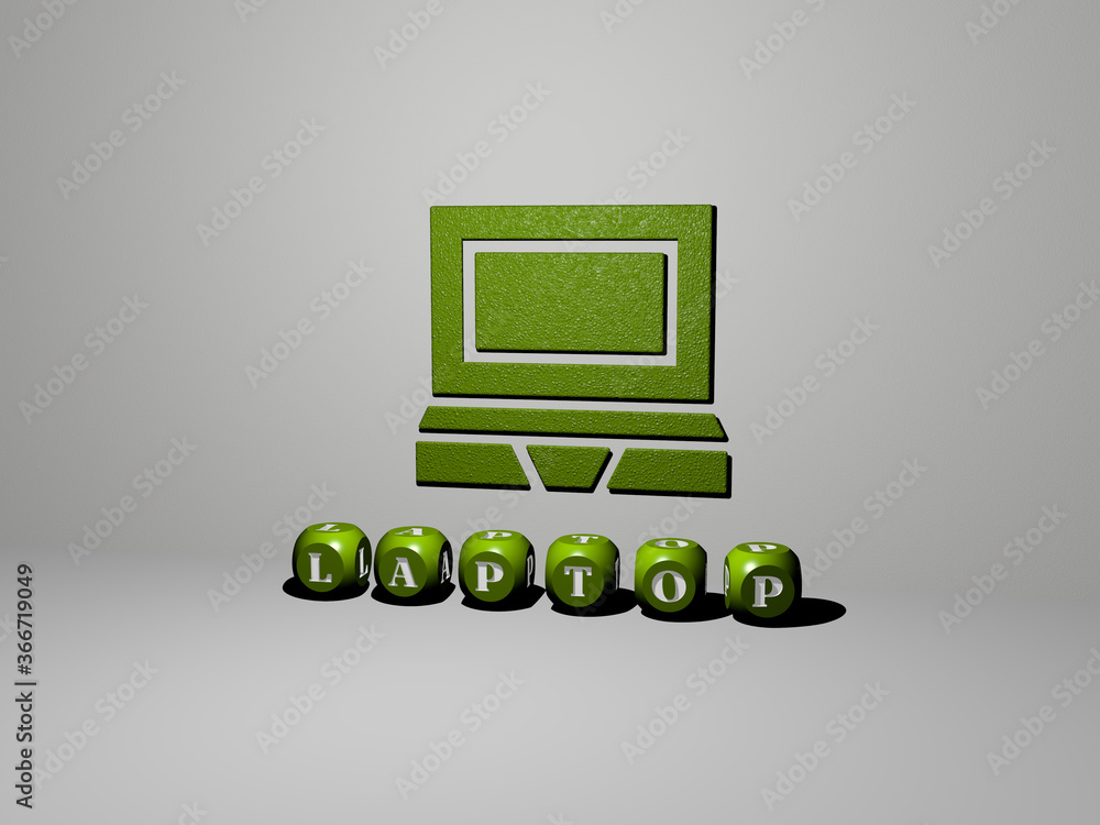 3D representation of laptop with icon on the wall and text arranged by metallic cubic letters on a mirror floor for concept meaning and slideshow presentation. computer and business