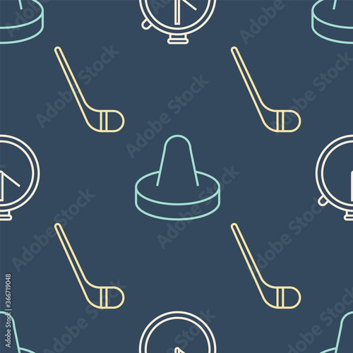 Set line Stopwatch, Ice hockey stick and Mallet for playing air hockey on seamless pattern. Vector.