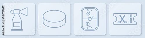 Set line Air horn, Air hockey table, Hockey puck and Hockey sports ticket. White square button. Vector.