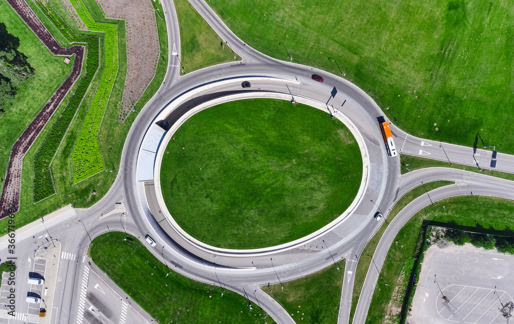 Aerial view of the big roundabout in the Tapiola district of Espoo, Finland. The entrance of underground parking.