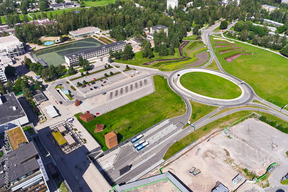Aerial view of Tapiola district of Espoo, Finland. View of Tapiolanympyra and the bus station.
