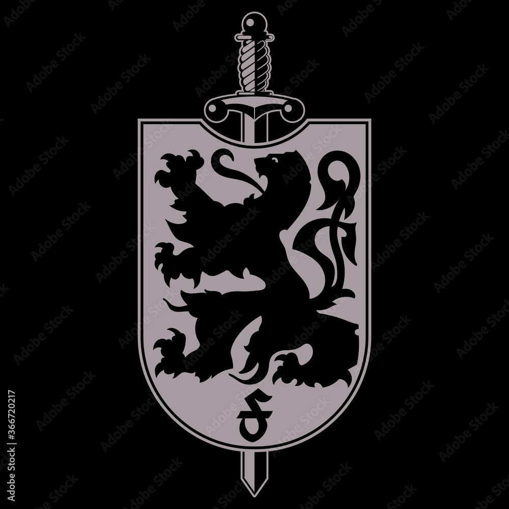 Heraldic coat of arms. Heraldic lion silhouette, heraldic shield with a  lion and sword Stock Vector | Adobe Stock