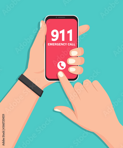 Hand holding smartphone with emergency number 911 on screen in a flat design