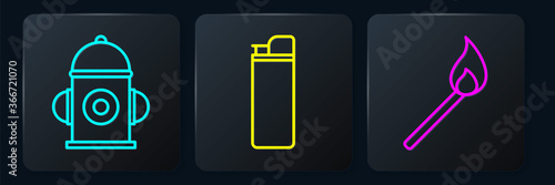 Set line Fire hydrant, Burning match with fire and Lighter. Black square button. Vector.
