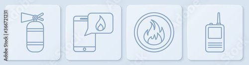 Set line Fire extinguisher, Fire flame, Phone with emergency call 911 and Walkie talkie. White square button. Vector.