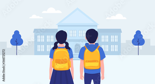 Back to school. School students. School building. Vector