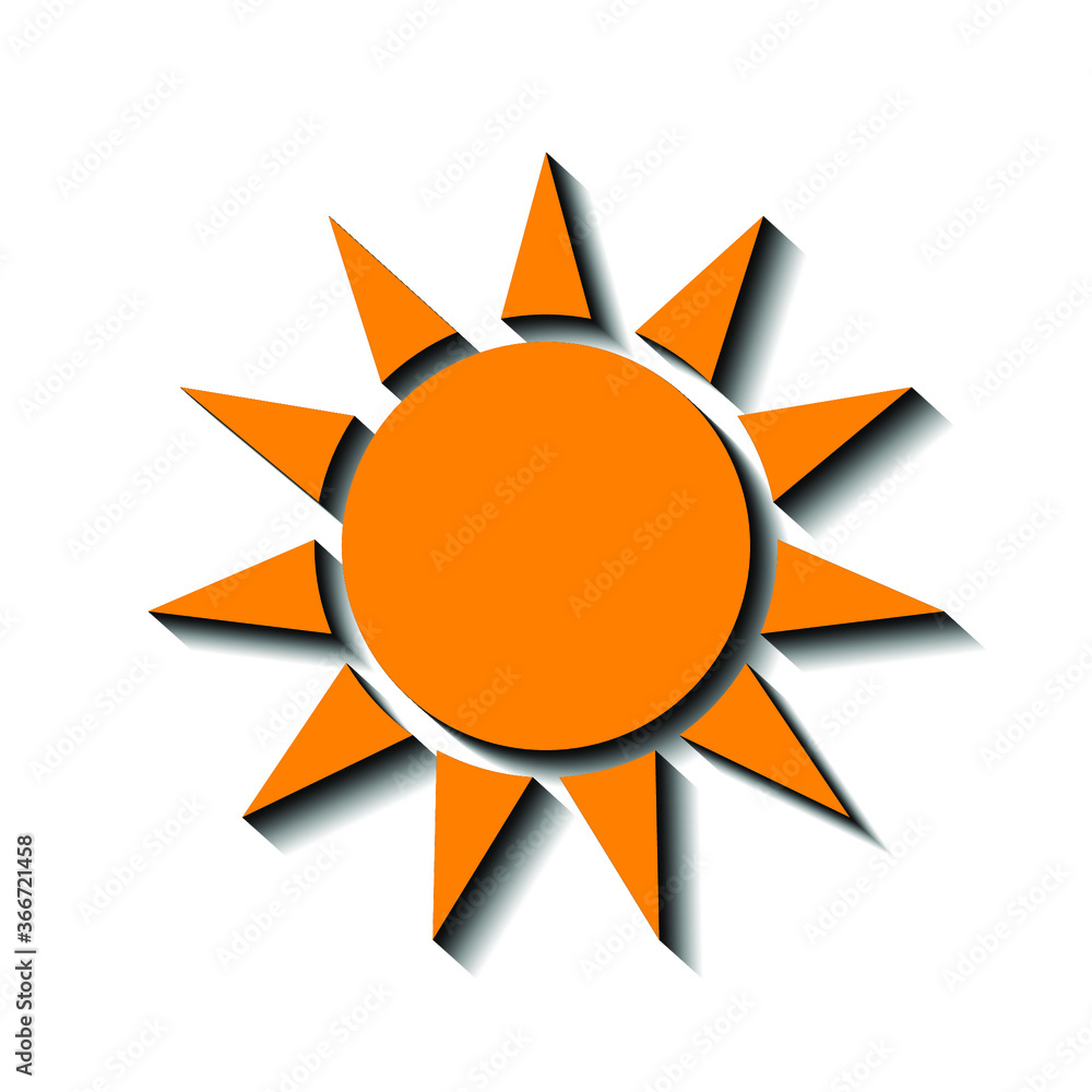 Yellow sun on a white background and black shadow, sign for design, vector illustration