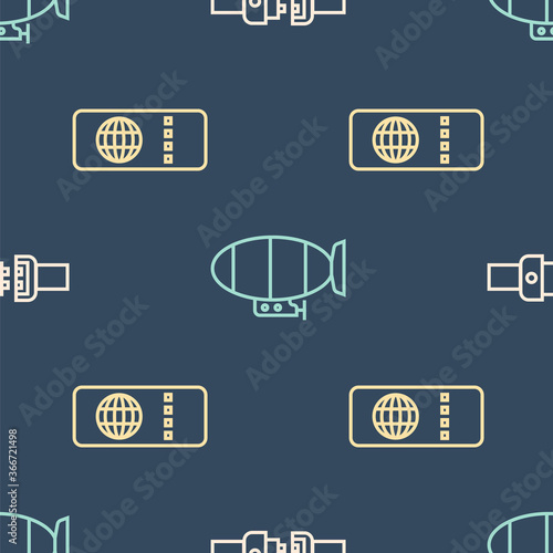 Set line Safety belt, Airline ticket and Airship on seamless pattern. Vector.
