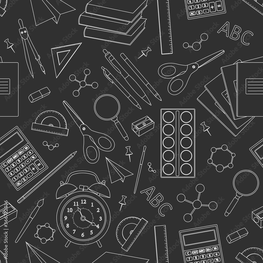 Seamless pattern back to school vector illustration black and white coloring. Stationery items paint pencils notebooks paper plane scissors sharpened calculator books ruler Seamless pattern back to school vector illustration black and white coloring. Stationery items paint pencils notebooks paper plane scissors sharpened calculator books ruler