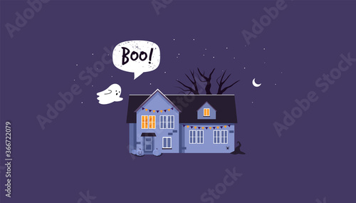 Halloween house with a ghost. Boo. night scene. Flat style. Vector