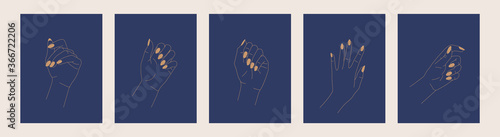 Hand drawn logos. Beautiful Female hands. Line art. Vector