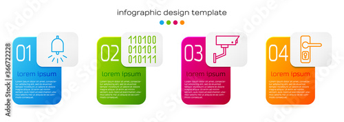 Set line Ringing alarm bell, Binary code, Security camera and Door handle. Business infographic template. Vector.