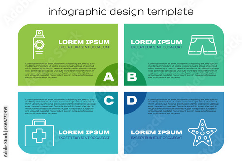 Set line First aid kit, Sunscreen spray bottle, Starfish and Swimming trunks. Business infographic template. Vector.