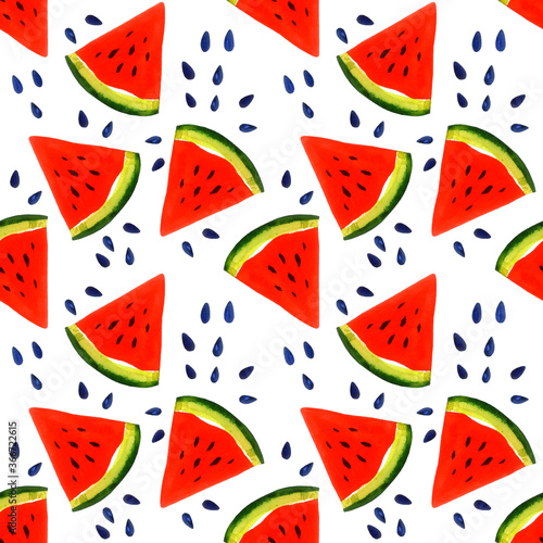 Juicy watermelon pattern. Red sliced watermelon and seeds. Seamless pattern on white background.