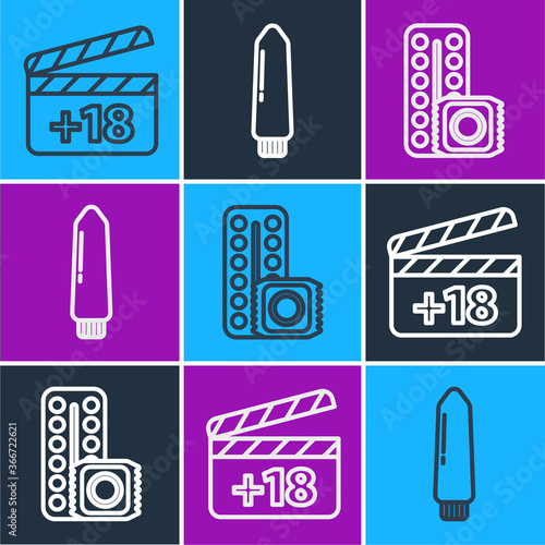 Set line Movie clapper with 18 plus content, Birth control pills and condom and Dildo vibrator icon. Vector.