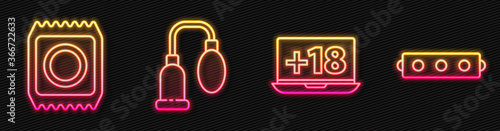 Set line Laptop with 18 plus content, Condom in package safe sex, Penis pump and Silicone ball gag with belt. Glowing neon icon. Vector.