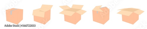 Set of cardboard box mockups. Carton delivery packaging open and closed box. Vector carton packaging box images