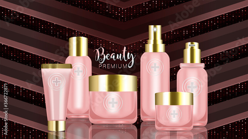 Beauty product ad design, pink cosmetic containers with collagen solution advertising background ready to use, luxury skin care banner, illustration vector.	
