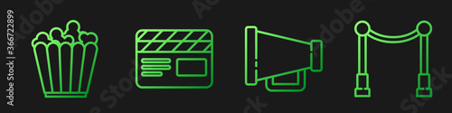 Set line Megaphone, Popcorn in box, Movie clapper and Carpet with barriers. Gradient color icons. Vector.