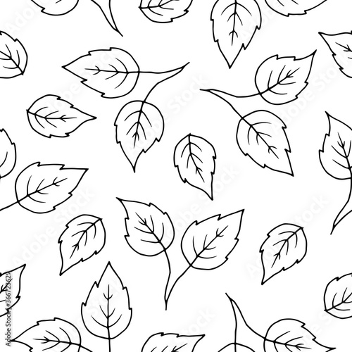 Simple summer pattern without unnecessary details.  The leaves are drawn with a black outline in a doodle style.  The background is white.  Vector.