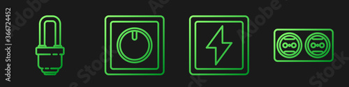 Set line Lightning bolt, LED light bulb, Electric light switch and Electrical outlet. Gradient color icons. Vector.