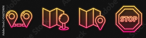 Set line Folded map with location marker, Route location, Folded map with push pin and Stop sign. Glowing neon icon. Vector.