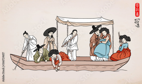 Korean traditional painting - men and women wearing hanbok on the boat. Hand drawn / Vector illustration. 
