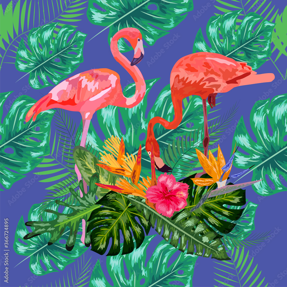 Obraz premium Trendy seamless pattern pink flamingo birds couple. Bright camelia flowers. Tropical monstera green leaves.