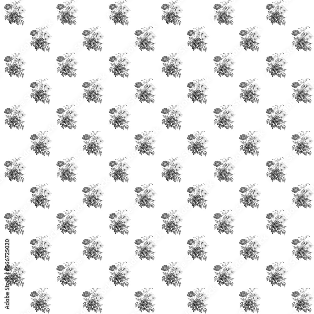 Monochrome small bouquet flowers on white background. Handmade work rose, peony and flower orchid. Seamless pattern for design. Monochrome small bouquet flowers on white background. Handmade work rose, peony and flower orchid. Seamless pattern for design.