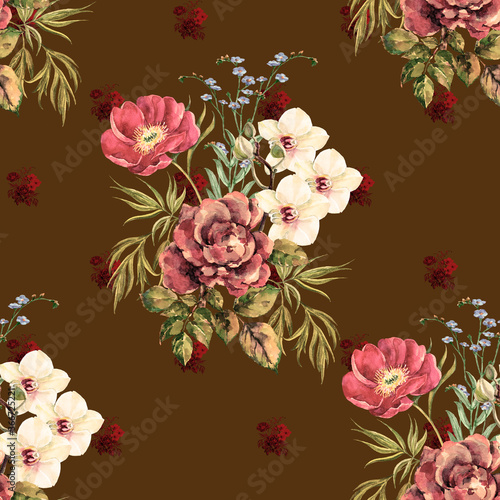 Watercolor bouquet flowers on brown background. Handmade work rose, peony and flower orchid. Seamless pattern for design. © Olga Kleshchenko