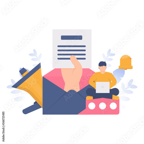 The concept of offer letters, emails or message digital marketing. Illustration of a man sitting on a chat symbol and in front of a letter. flat design. can be used for, landing pages element.