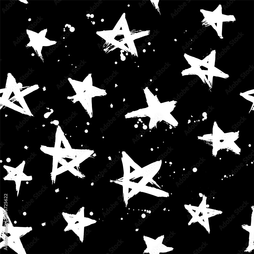 Seamless pattern with hand drawn stars. Black and white starry background. Brushstroke style Seamless pattern with hand drawn stars. Black and white starry background. Brushstroke style