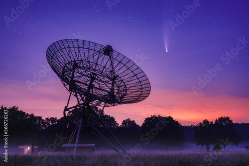 Neowise comet and radio telescope at dusk photo