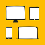 Electronic devices icons: computer display, laptop, tablet, smartphone. Different resolutions, screen sizes, responsive design. Flat outline UI set element on yellow