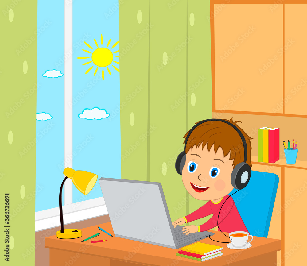 Little cartoon boy sit at the table with computer,illustration,vector Little cartoon boy sit at the table with computer,illustration,vector