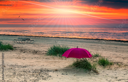 Colorful morning at sandy beach of the Baltic Sea, Europe photo