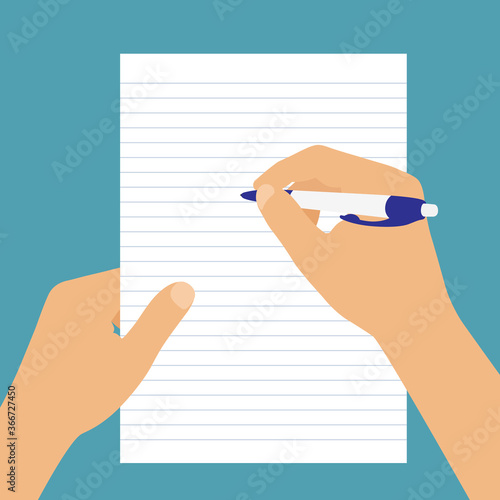 Flat design illustration of student or writer hands with pen. He writes on realistic white lined paper. Space to add text, vector