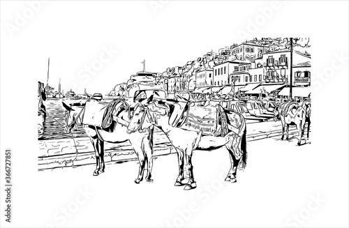 Building view with landmark of Hydra town is the capital and main harbour of the island of Hydra. Hand drawn sketch illustration in vector.